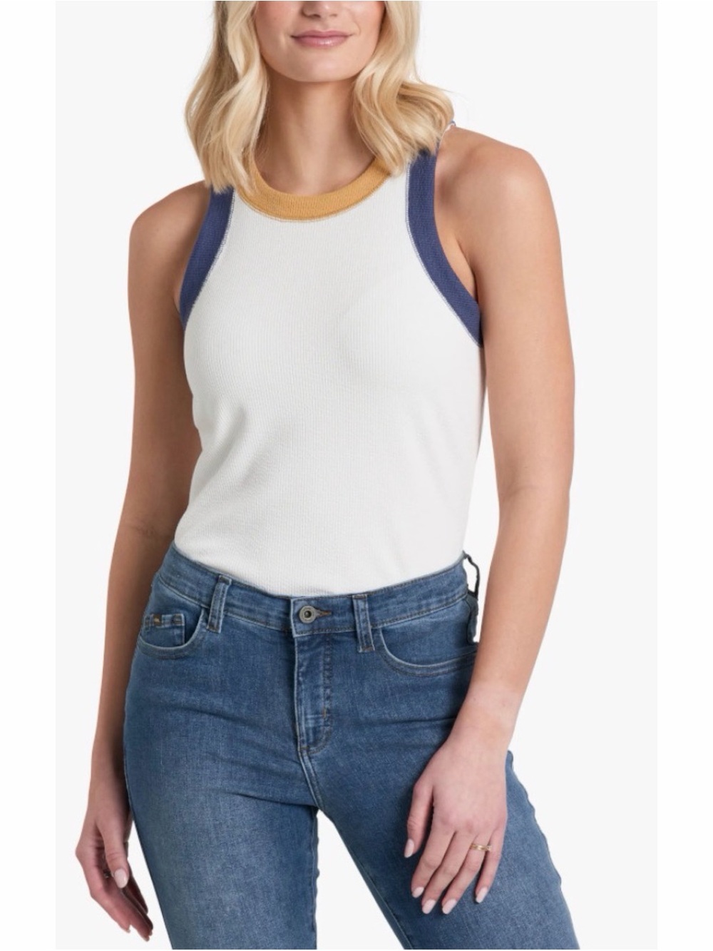Kuhl White Ribbed Tank with Blue Arm Trim and Mustard Neck